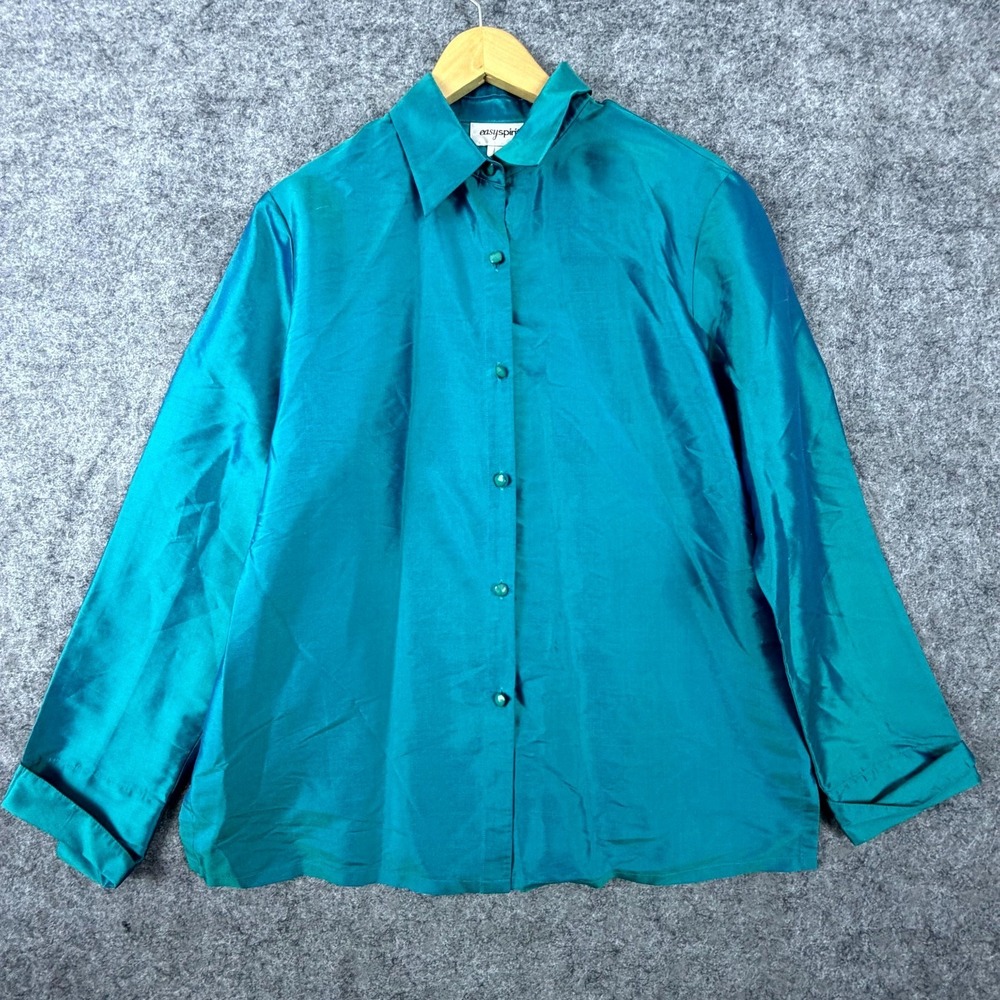Easy Spirit Shirt Womens Large Teal 100% Silk Business Career Chic Button Up